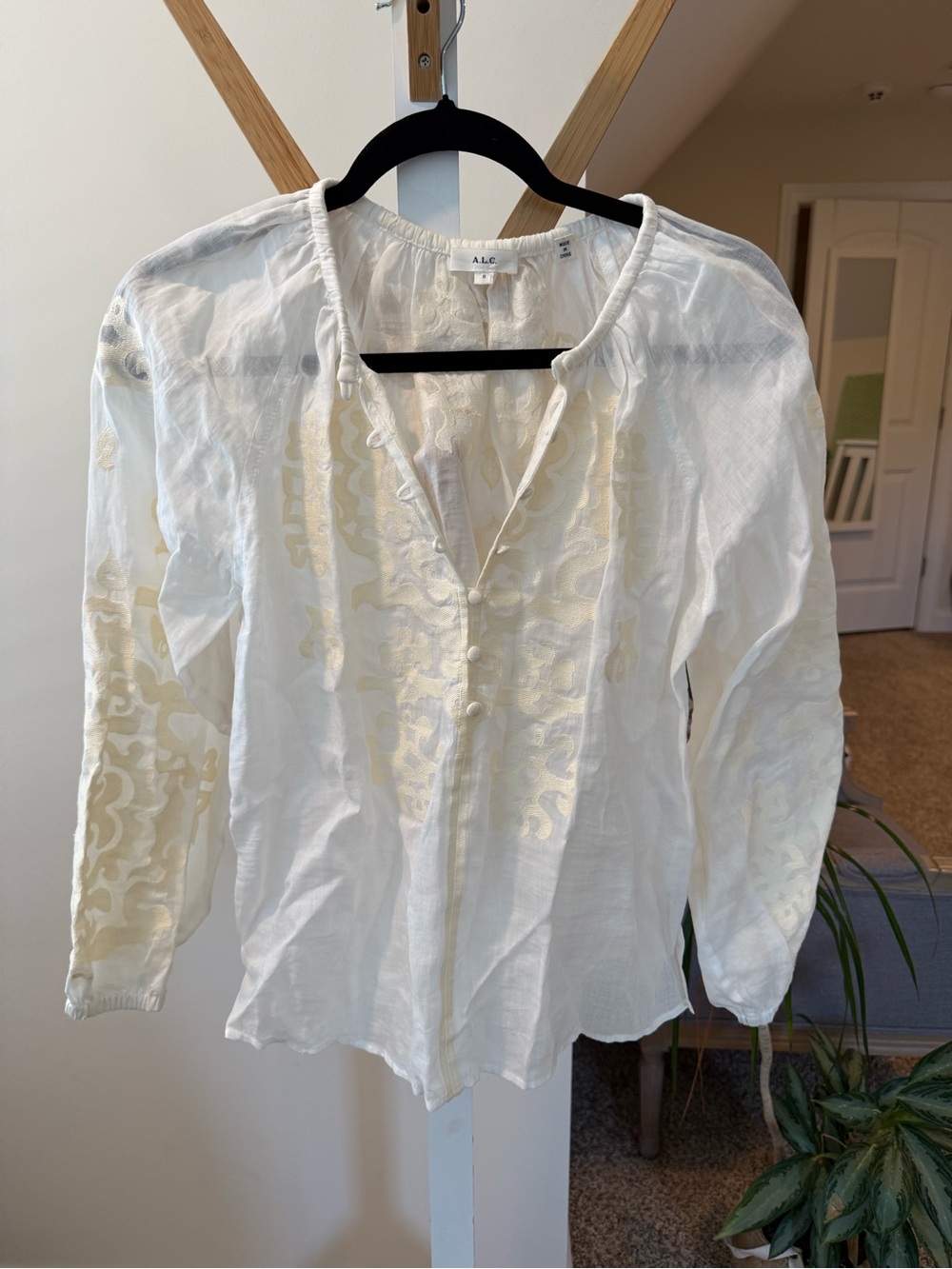 A.L.C. White Cotton Embroidered Peasant Blouse